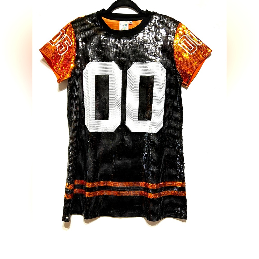 QUEEN OF SPARKLES Black and Orange Sequin Dress